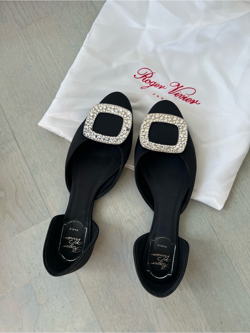Roger Vivier Black Satin Crystal Buckle D'Orsay Flats
